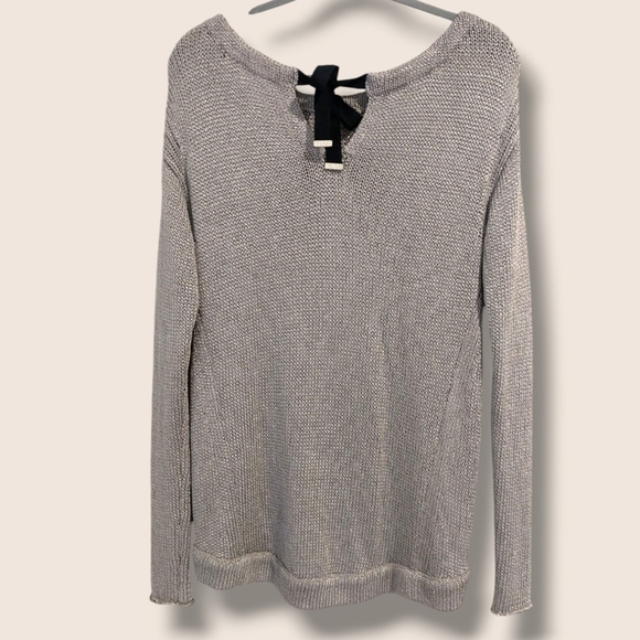 Diane Von Furstenberg Silver Metallic Shiny Open Knit Boat Neck Long Sleeve Top - Picture 3 of 13
